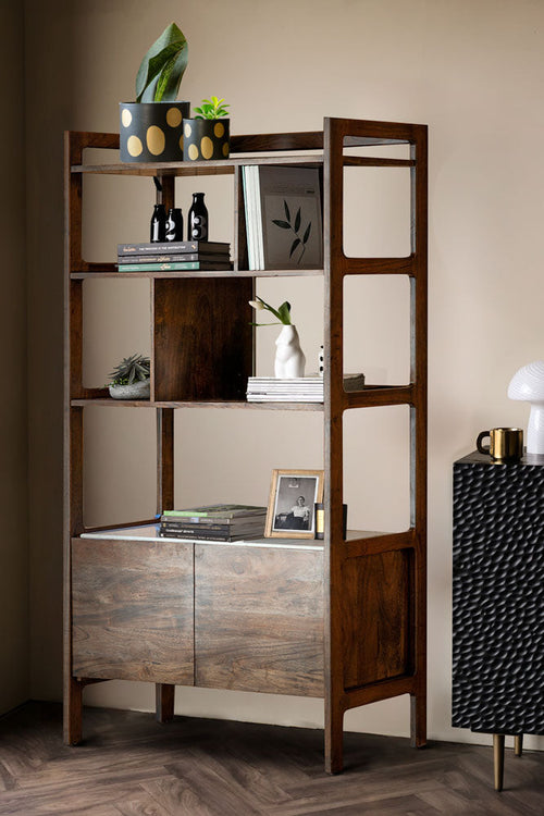 Vitrine en bois d'acacia et marbre