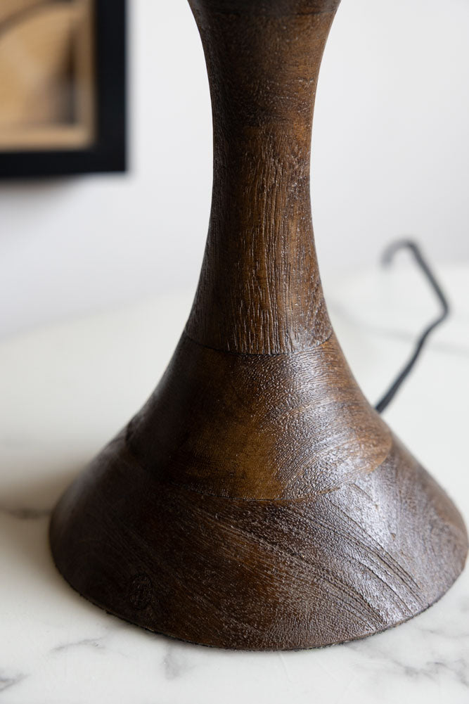 Lampe de table en verre ambré et base en bois