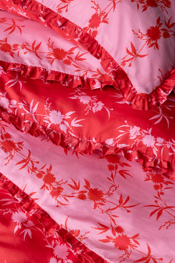 Parure housse de couette et taie d'oreiller à volants floraux rose vif - Disponible en 4 tailles