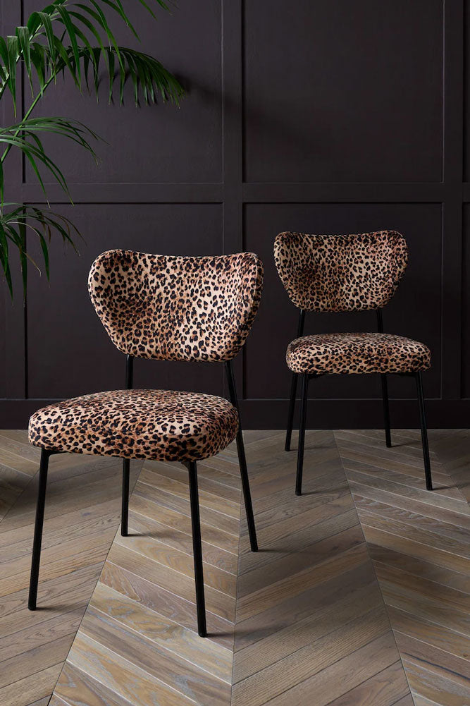 Lot de 2 chaises de salle à manger en velours imprimé léopard