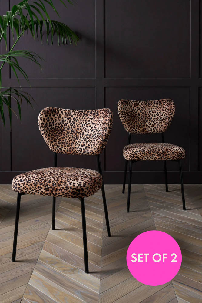 Lot de 2 chaises de salle à manger en velours imprimé léopard