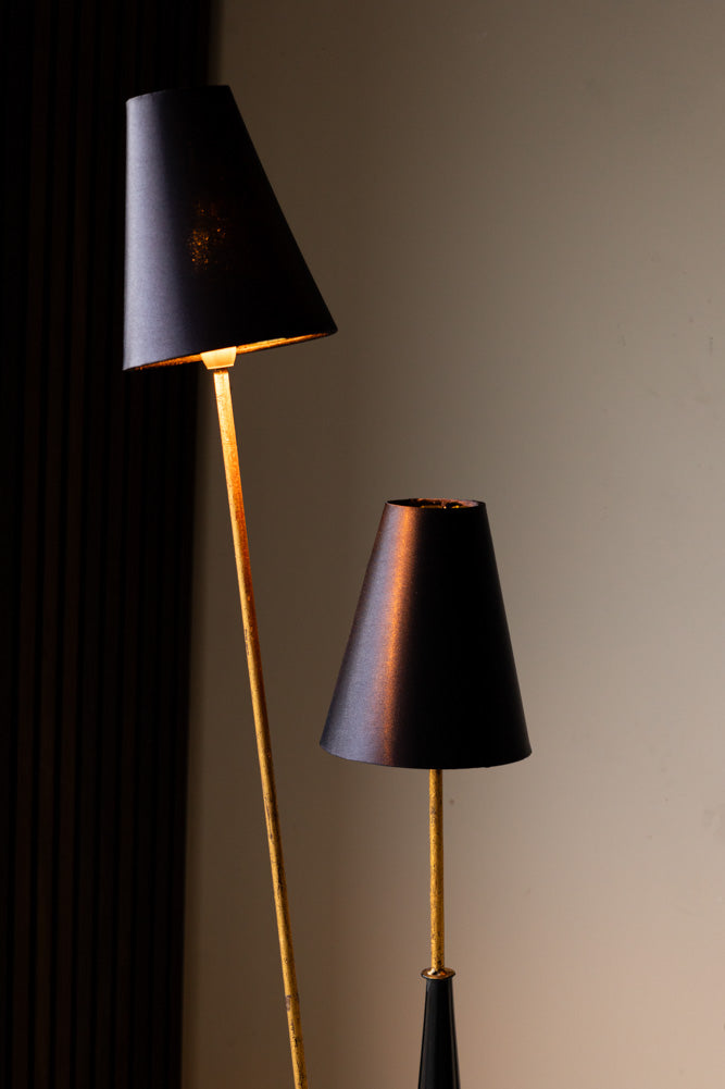 Lampadaire élégant à double abat-jour noir et or
